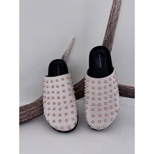 Azalea Wang Traverse Beige Studded Mules Gold Dome Stud Flat Size 9